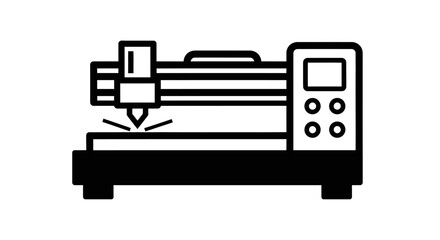 A laser cutting machine is shown cutting a flat piece of material, depicted in a simple, graphic style.