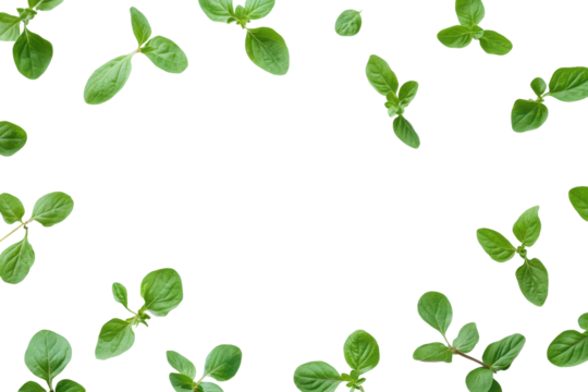 Green oregano leaves arranged in a circular pattern isolated on transparent background. Fresh oregano leaves arranged isolated on white background. - Powered by Adobe
