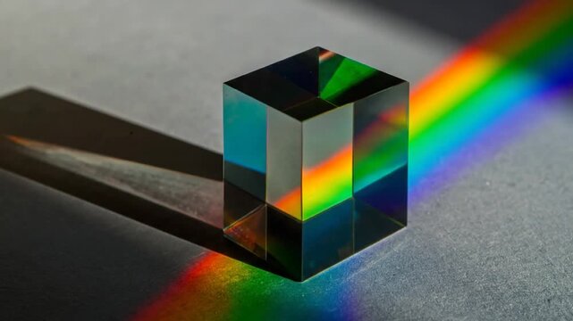 A clear cube refracts light, creating a rainbow spectrum and casting a sharp shadow