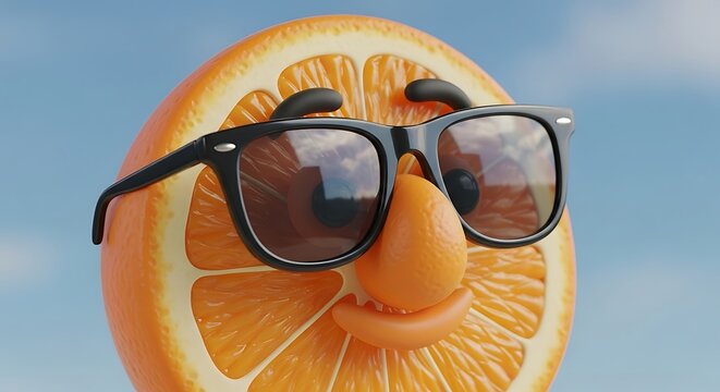 Orange fruit character wearing sunglasses with a happy face against blue sky.