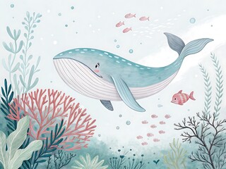 Obraz premium Whimsical watercolor illustration of a gentle blue whale swimming gracefully through a vibrant coral reef teeming with tiny fish