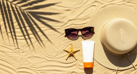 Summer Beach Essentials Flat Lay on Sand. summer vacation essentials arranged on golden beach sand. Items include: stylish sunglasses, a straw hat, a bottle of sunscreen, and a starfish.