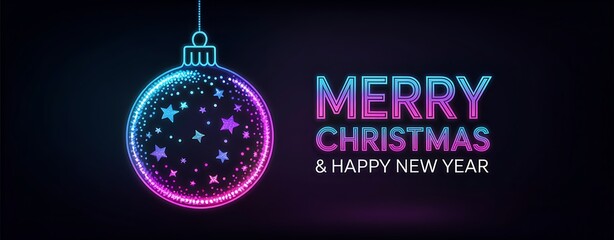 Vibrant neon christmas ornament with merry christmas and happy new year text on a dark background