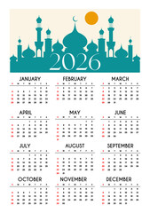 Islamic calendar template for 2026. Vertical design with islamic theme vector. Vector illustration page template printable wall. Week starts on Sunday