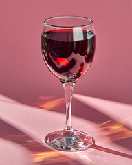crystal glass of red wine with reflections, deep burgundy palette, minimal background, premium product lighting
