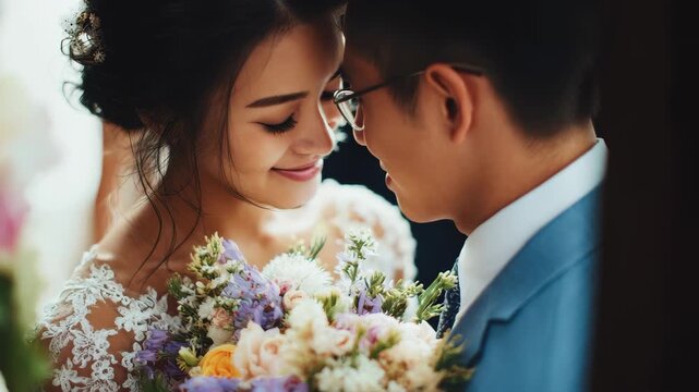 Romantic gaze shared by a bride and groom during their wedding ceremony in a beautiful garden setting, capturing the essence of their love and commitment to each other