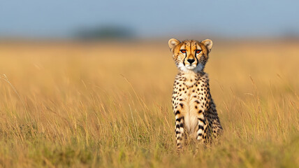 Cheetah sitting in tall golden grassland under clear sky, alert and focused, wild nature scene