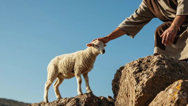 Man's hand reaching out and petting a small lamb on a rocky hill. Shepherd finding a lost sheep, good shepherd parable concept.