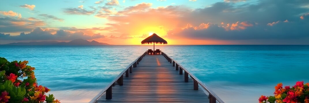 Beautiful sunset over a calm ocean viewed from a scenic wooden pier with a thatched gazebo