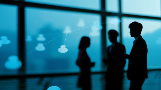 Silhouettes of three professionals engaged in conversation against a blue background with digital network icons symbolizing connectivity and communication