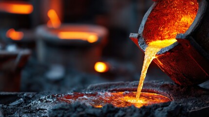 Molten metal pouring into mold industrial process and manufacturing