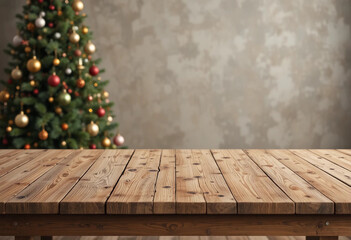 Empty wooden table near Christmas tree. Banner with space for design. 3d rendering.