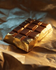 gold chocolate bar partially unwrapped, soft premium lighting, rich textures