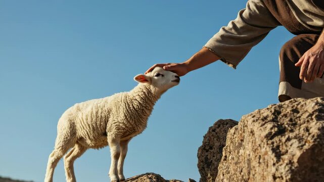 Man as a good shepherd gently caressing an adorable lost lamb on a rock against a clear blue sky. Christian parable of the lost sheep.