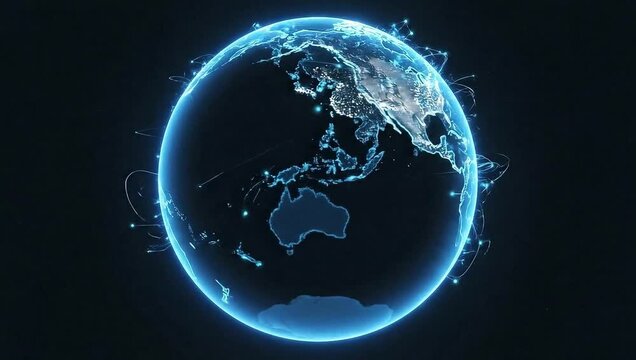 Dynamic digital globe showcasing worldwide network connections and global reach, ideal for technology, business, and international relations videos - Powered by Adobe