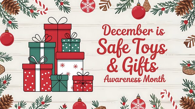 December is safe toys and gifts awareness month with festive holiday decorations and presents on a wooden background