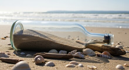 A glass bottle filled with sand lies on a sandy beach surrounded by seashells and driftwood The sea is visible in the background