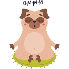 Pixel Art Pug Dog Meditating on a Green Cushion Om Mmm Text Above Eyes Closed Peaceful Expression Warm Tones Transparent Background
