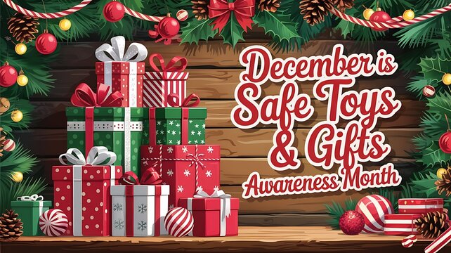 December is safe toys and gifts awareness month with festive christmas presents and holiday decorations promoting child safety - Powered by Adobe