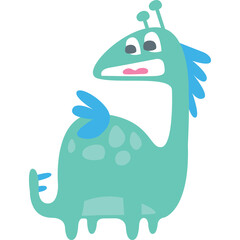 Playful Turquoise Cartoon Dinosaur Character With Spotted Body And Blue Mane Standing With Open Mouth And Wide Eyes Against A White Background