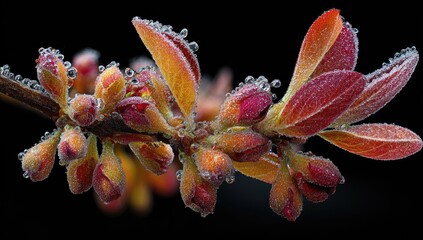 Dewdrops on vivid red & orange buds, dark background