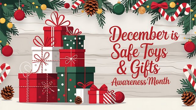 December is safe toys and gifts awareness month with festive holiday decorations and presents symbolizing safety and celebration