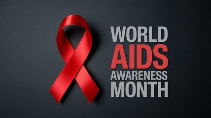 Red ribbon symbolizing aids awareness and support for world aids awareness month against a dark background with text