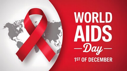 World aids day awareness campaign graphic featuring a prominent red ribbon symbol against a subtle world map and bold typography