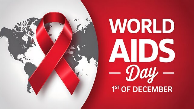 World aids day awareness graphic featuring a red ribbon symbol of hiv aids awareness overlaid on a world map