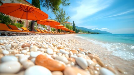 Beautiful beach with orange umbrellas and clear waters in a tropical setting during a sunny day