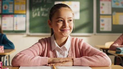 A smiling young girl sits at her desk in a classroom, looking forward with a bright expression