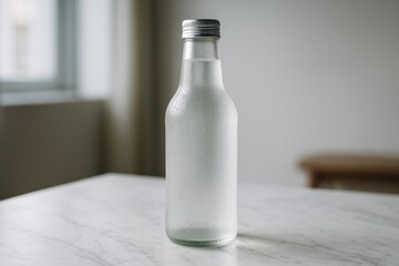 Frosted glass beverage bottle with condensation standing on marble surface in minimal indoor setting against soft light background for branding mockup. Ai generative