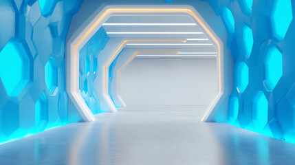 Futuristic corridor with hexagonal blue illuminated walls and sleek white floor, featuring glowing orange and white linear lights along the ceiling and archways