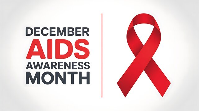 December aids awareness month graphic with bold red text and a prominent red ribbon symbol on a light background
