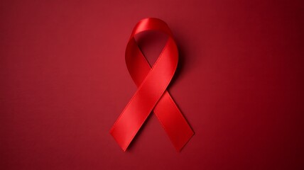 A single vibrant red ribbon tied in a loop symbolizing awareness and support for aids and hiv prevention and research