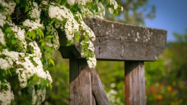 A weathered wooden gate is partly obscured by lush white flowering plants with vibrant green leaves