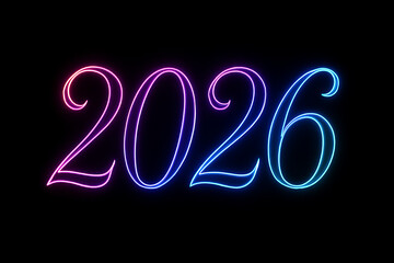 Vibrant neon glowing numbers of the year 2026 in a dark, celebratory atmosphere.