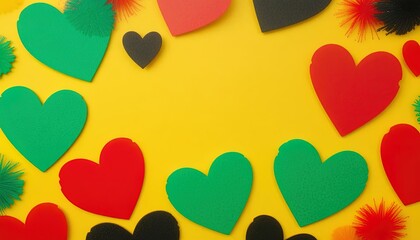 Celebrate Kwanzaa with vibrant red, black, and green hearts on a cheerful yellow background, perfect for festive greetings and cultural promotions