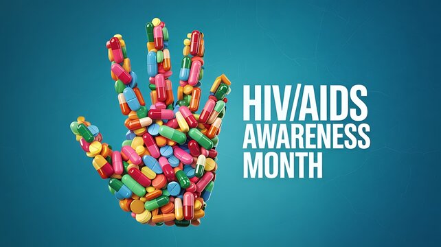 Vibrant handprint made of colorful pills and capsules symbolizing hiv aids awareness month and health support