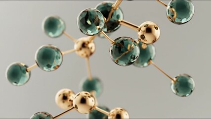 Closeup of a molecular structure with green and gold spheres connected by gold rods on a light background - Powered by Adobe