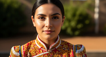 Woman in ornate red and gold ceremonial uniform, confident look.