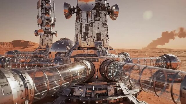 A sprawling futuristic colony on the surface of Mars, with advanced habitat modules and communication towers for space exploration