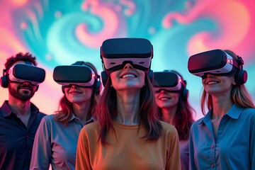 Diverse group in futuristic virtual reality photoshoot immersed in vibrant digital world