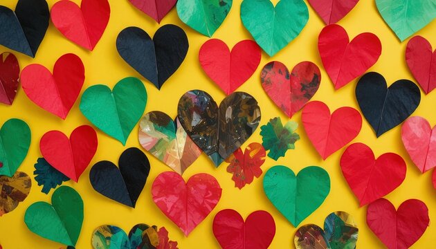 Celebrate Kwanzaa with vibrant handcrafted paper hearts in traditional red, black, and green colors on a cheerful yellow backdrop for unity and love