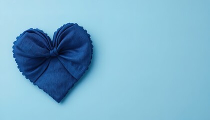 Elegant blue fabric heart on light blue background evokes feelings of love and kindness, perfect for expressing affection and heartfelt emotions online