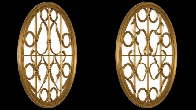 Two ornate golden oval frames with intricate designs, set against a stark black background
