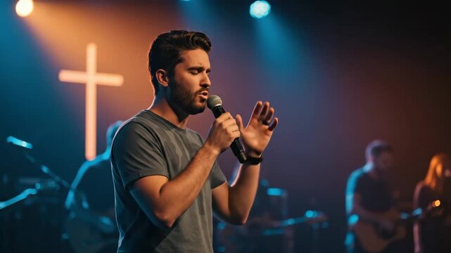 Young caucasian man singing during church worship service with lights and christian cross in background