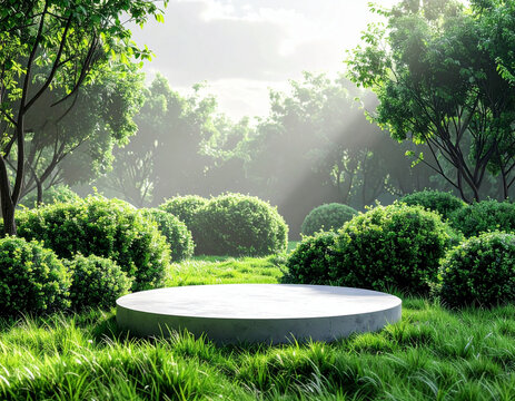 3D Grass Podium with Lush Shrub Arrangement isolated on transparent background PNG