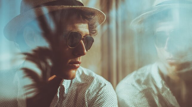 Stylish man in sunglasses and hat reflected in glass with palm leaf.