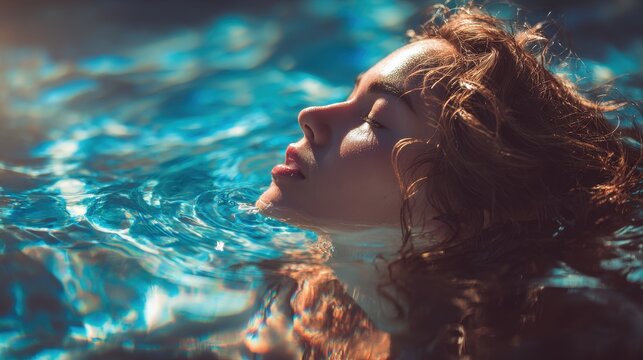Serene woman relaxing in clear blue water with eyes closed